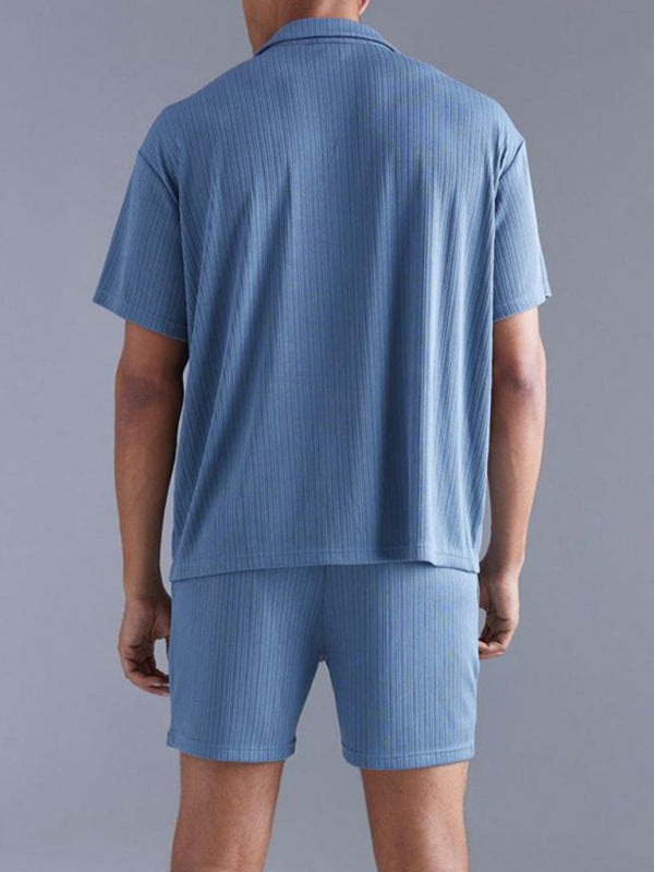 Costume deux pièces pour homme, chemise à manches courtes et short bleu foncé de couleur unie à la mode et décontracté 