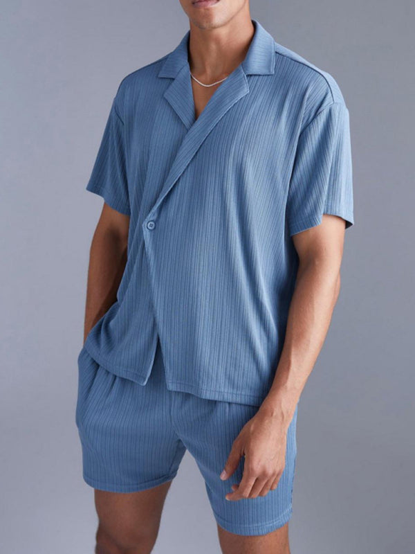 Costume deux pièces pour homme, chemise à manches courtes et short bleu foncé de couleur unie à la mode et décontracté 