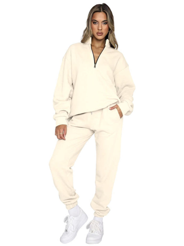 Solid Stand-Up Collar Long-Sleeved Pullover Sweatshirt and Pants Set