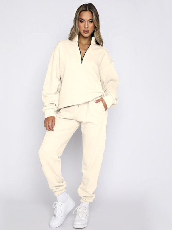 Solid Stand-Up Collar Long-Sleeved Pullover Sweatshirt and Pants Set