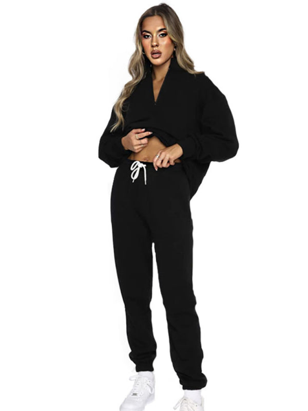 Solid Stand-Up Collar Long-Sleeved Pullover Sweatshirt and Pants Set