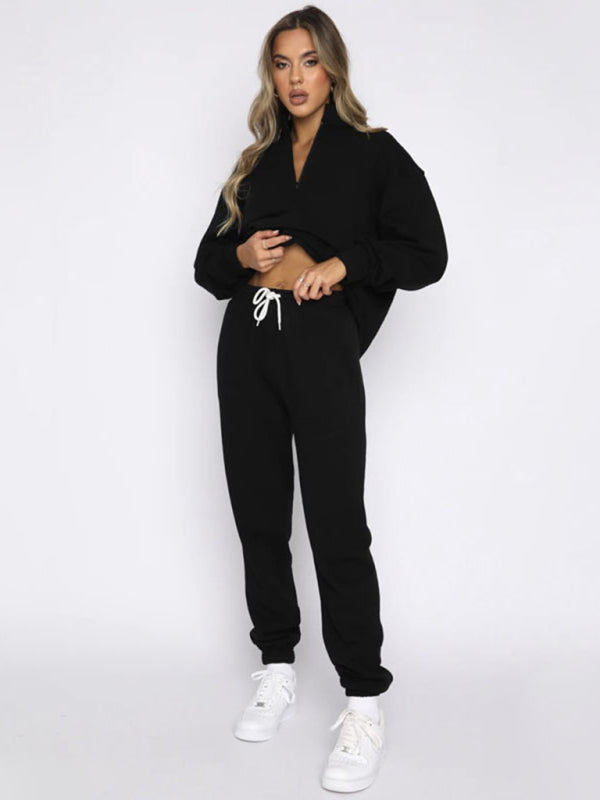 Solid Stand-Up Collar Long-Sleeved Pullover Sweatshirt and Pants Set