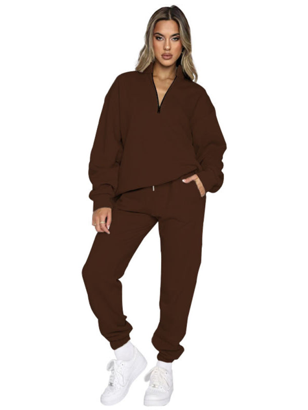 Solid Stand-Up Collar Long-Sleeved Pullover Sweatshirt and Pants Set