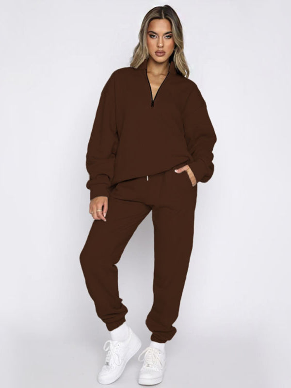 Solid Stand-Up Collar Long-Sleeved Pullover Sweatshirt and Pants Set