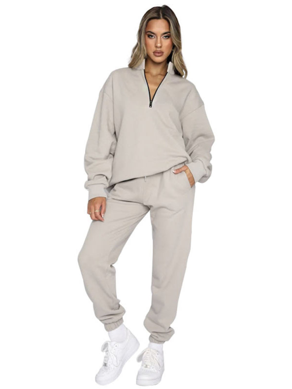 Solid Stand-Up Collar Long-Sleeved Pullover Sweatshirt and Pants Set