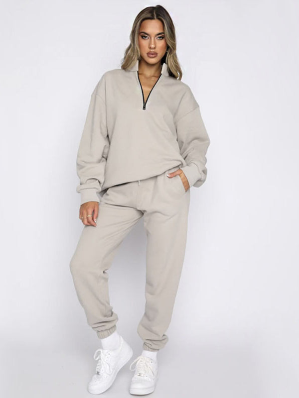 Solid Stand-Up Collar Long-Sleeved Pullover Sweatshirt and Pants Set