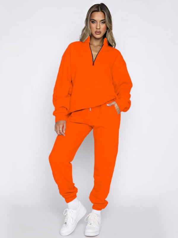 Solid Stand-Up Collar Long-Sleeved Pullover Sweatshirt and Pants Set