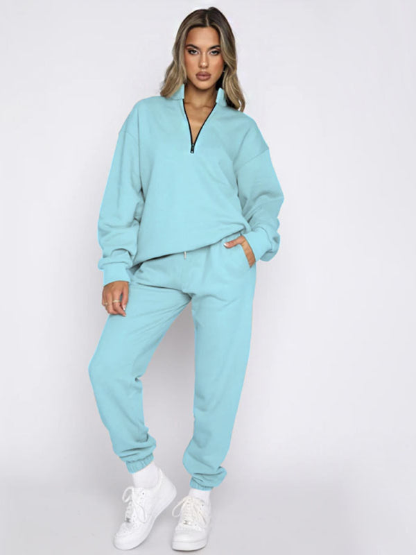 Solid Stand-Up Collar Long-Sleeved Pullover Sweatshirt and Pants Set