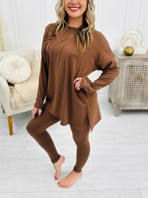 Solid Color Long-Sleeved Split Side Two Piece Set