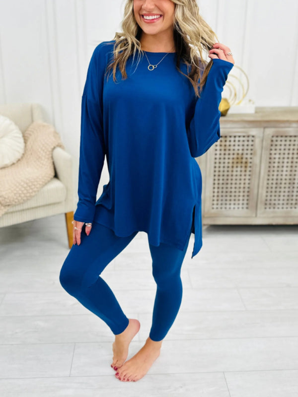 Solid Color Long-Sleeved Split Side Two Piece Set