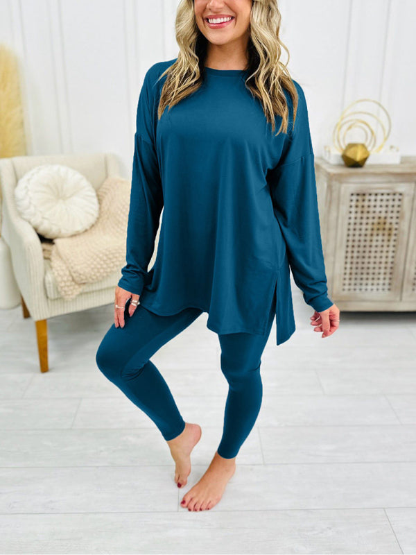 Solid Color Long-Sleeved Split Side Two Piece Set