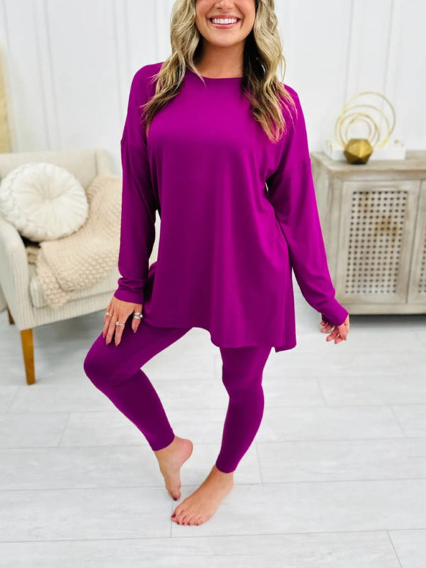 Solid Color Long-Sleeved Split Side Two Piece Set