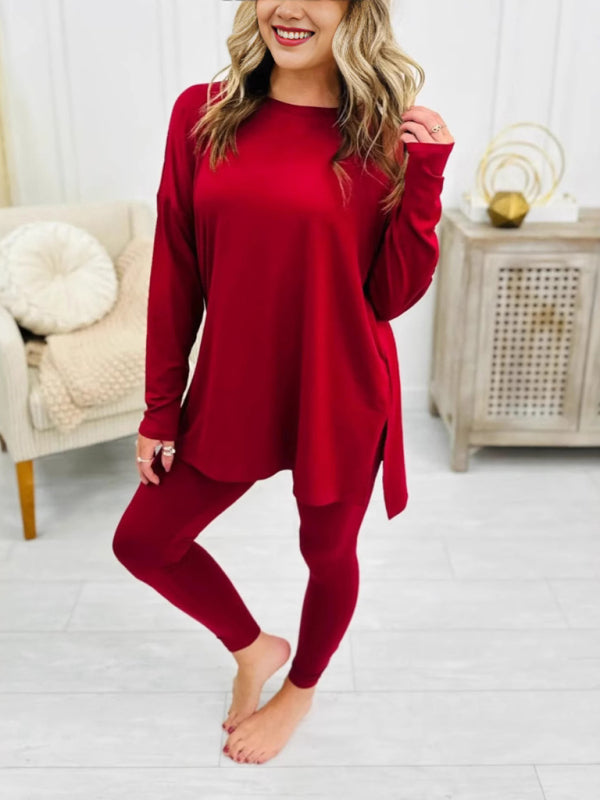 Solid Color Long-Sleeved Split Side Two Piece Set