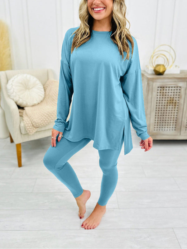 Solid Color Long-Sleeved Split Side Two Piece Set