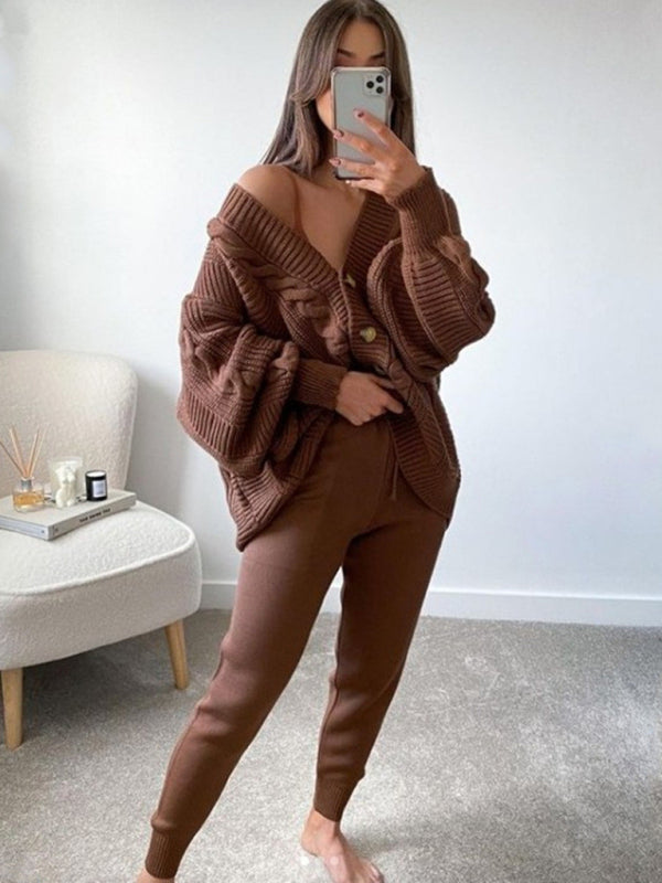 V-neck Solid Color Suit Sweater + Knitted Pants