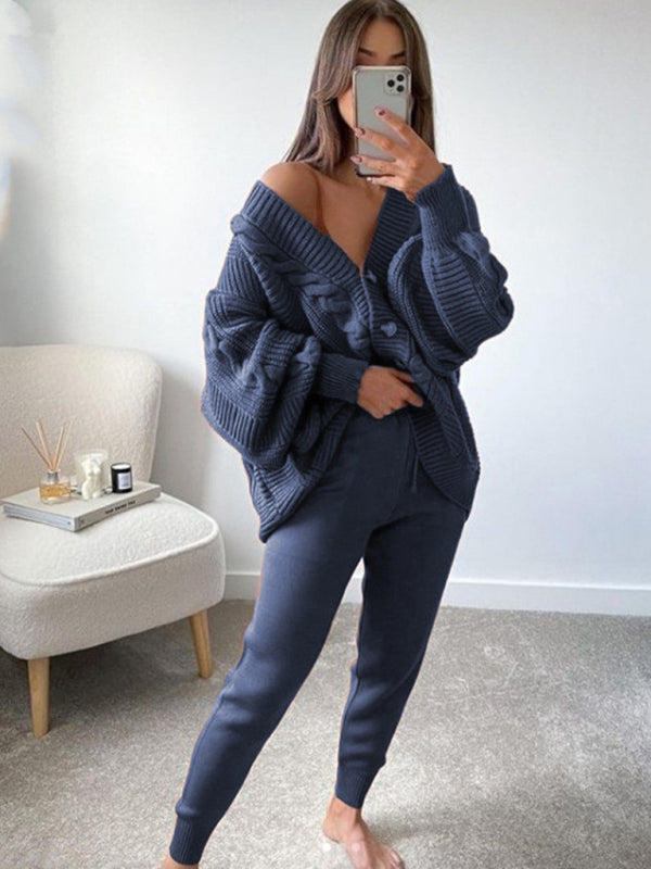 V-neck Solid Color Suit Sweater + Knitted Pants