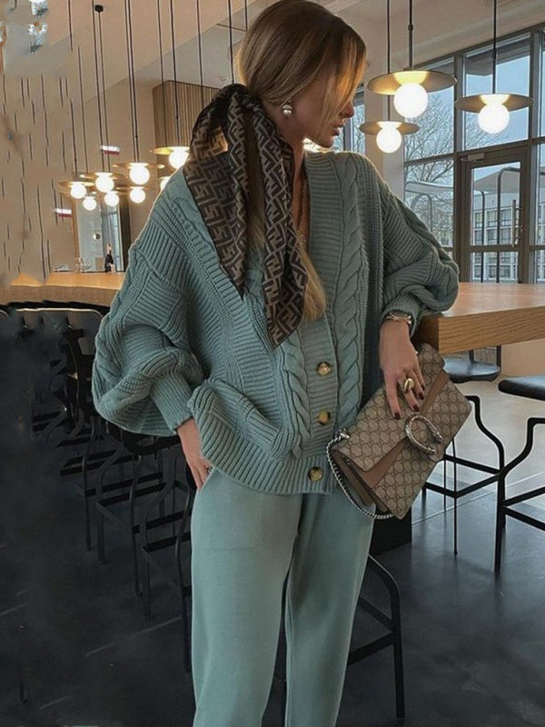 V-neck Solid Color Suit Sweater + Knitted Pants