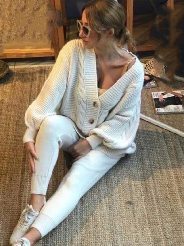 V-neck Solid Color Suit Sweater + Knitted Pants