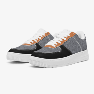 Gray low-top sneakers with black overlays, orange accents, white laces, and white sole