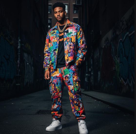 Male model wearing colorful Qreatrz streetwear outfit with custom sneakers in urban setting