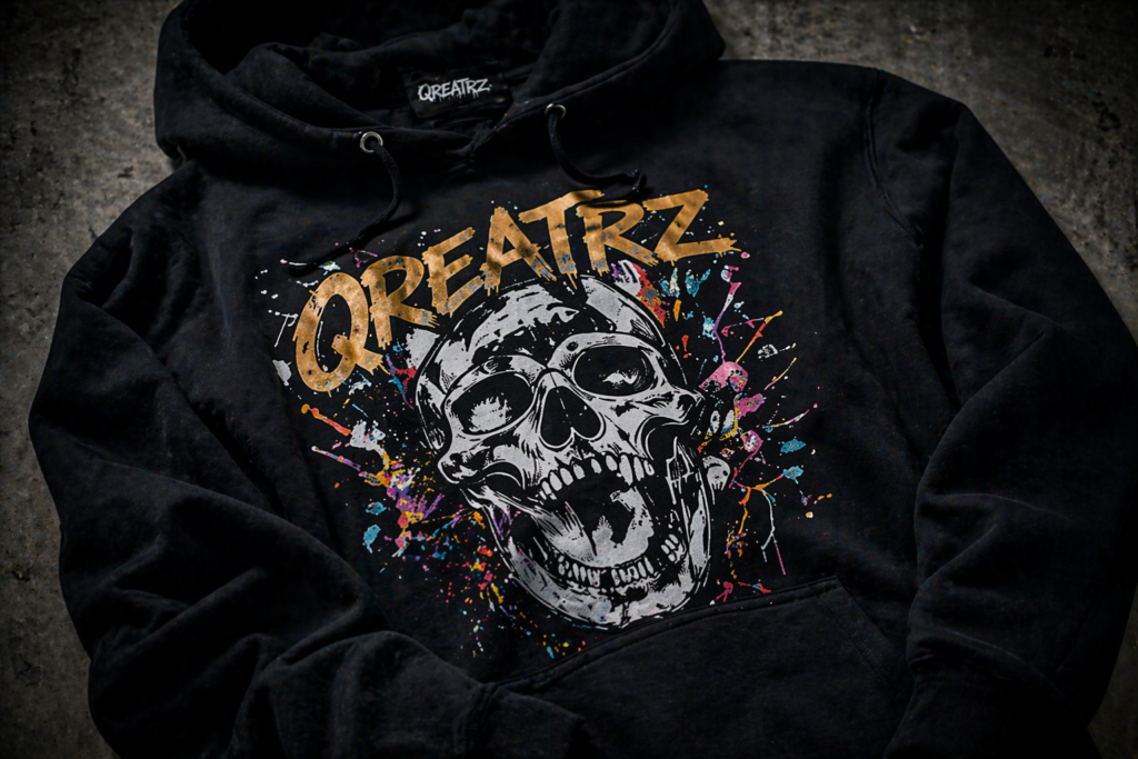 Black Qreatrz hoodie with skull graphic and colorful paint splatter streetwear design