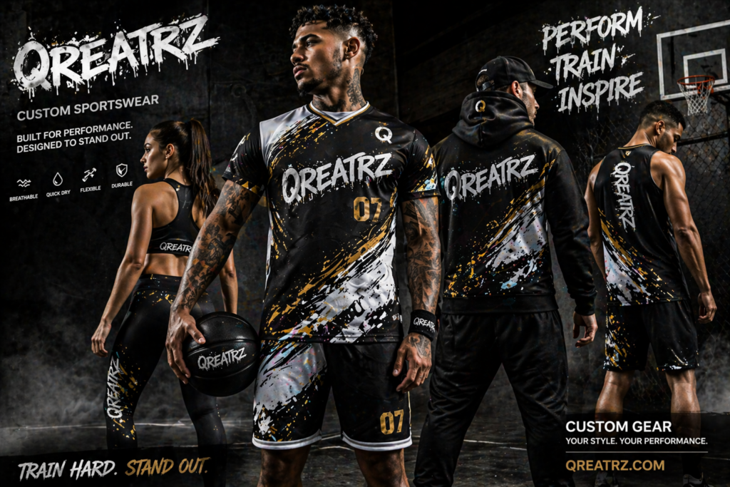Athletes wearing Qreatrz custom sportswear in an urban gym setting showcasing performance and street style