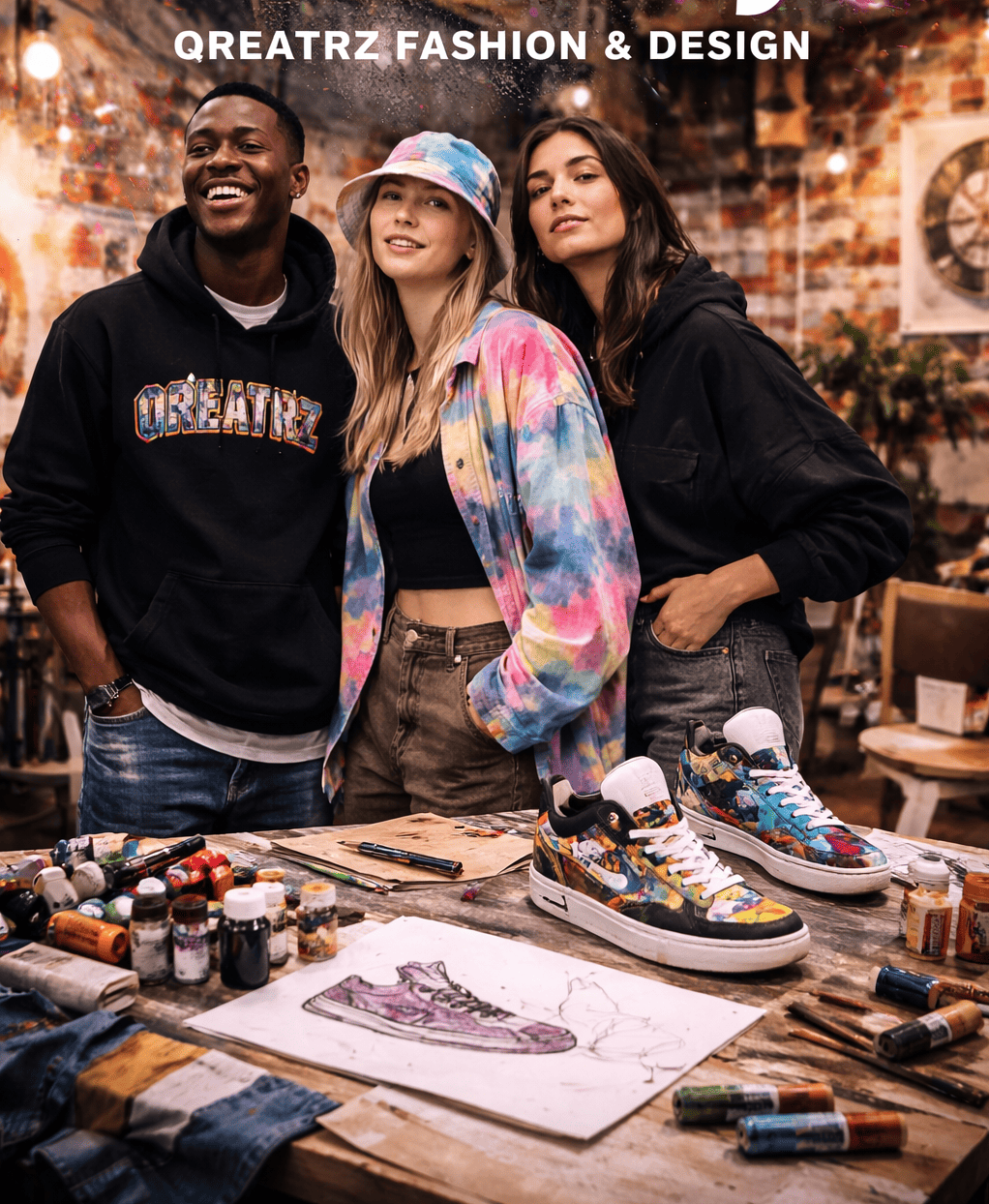 Three young creatives in an urban studio, surrounded by their artistic workspace. A Black man in a graffiti hoodie, a blonde woman in tie-dye, and a brunette in an oversized hoodie, all set against a colorful backdrop with custom sneakers, markers, and sketches.