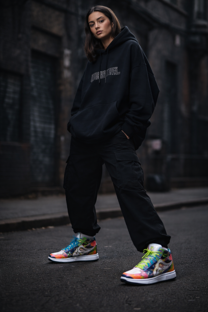 Female model wearing black streetwear hoodie with TREADZ custom high-top sneakers in urban setting