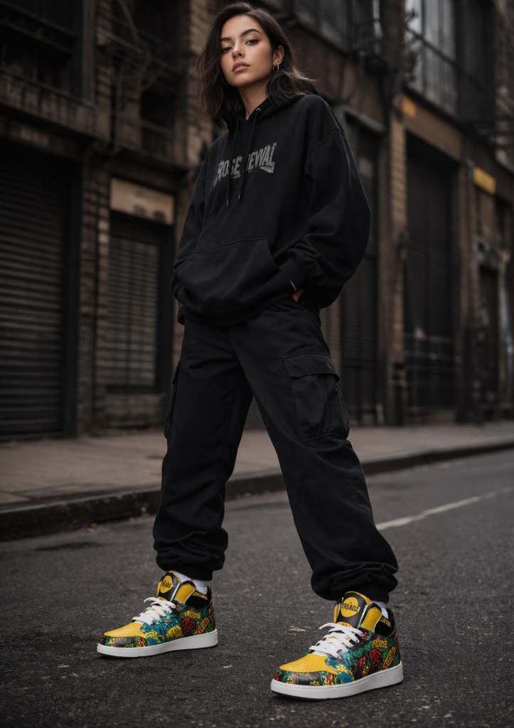 TREADZ Hip Hop Never Dies custom AJ1 black high-top sneakers worn with streetwear outfit by Qreatrz