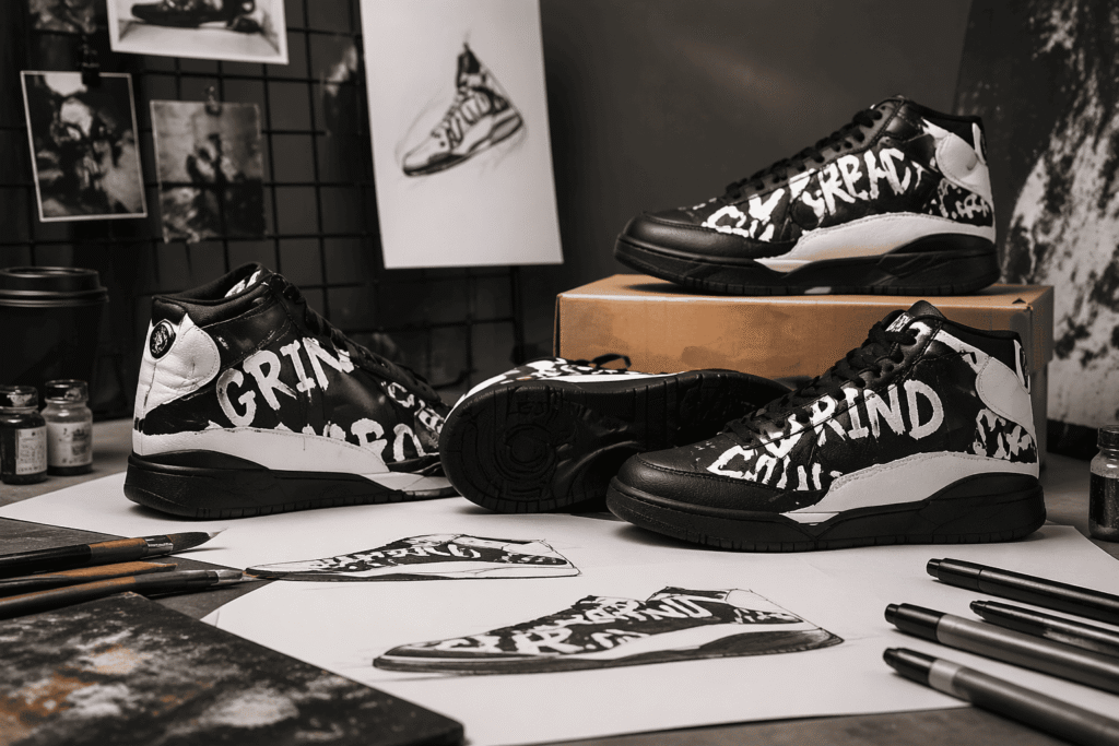 TREADZ custom black and white high-top sneakers on design table with sketches and tools in studio