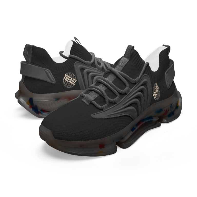 TREADZ Shadow Rush Air Sneakers in black with sculpted upper details, smoked translucent sole, and signature TREADZ side branding