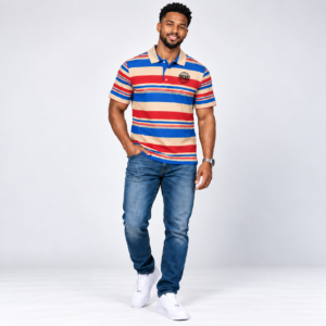 TREADZ Heritage Polo with burgundy gold green and navy stripes