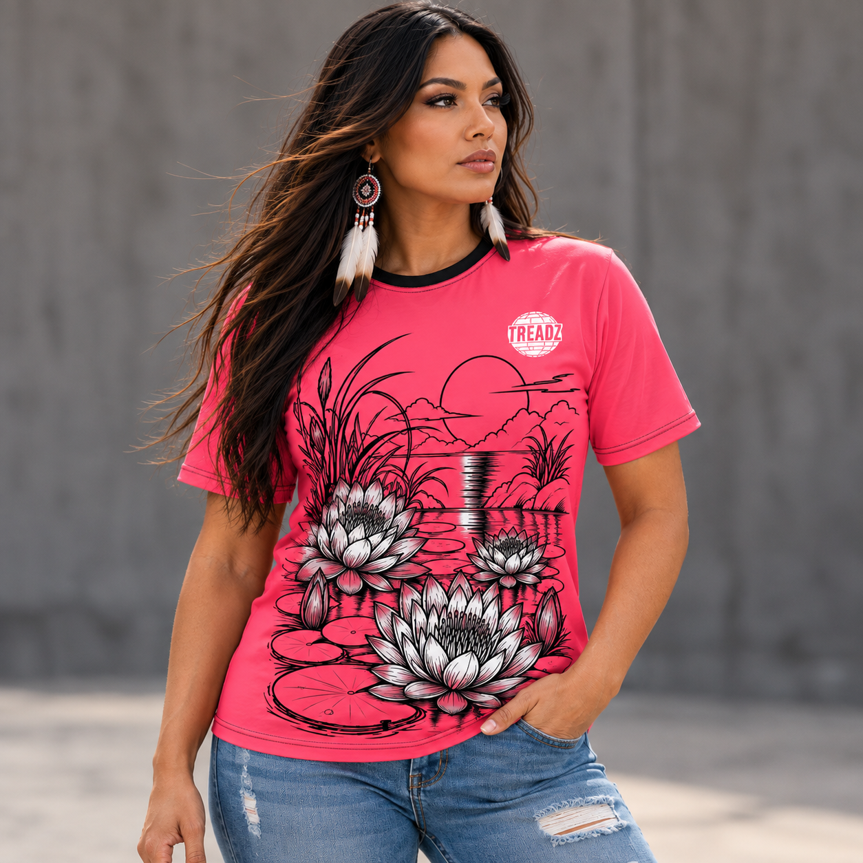 TREADZ Lotus Flow Pink Graphic T-Shirt TREADZ Lotus T-Shirt in pink with detailed water lily pond graphic