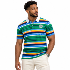 Model wearing TREADZ Crossroads striped polo in green blue orange and white