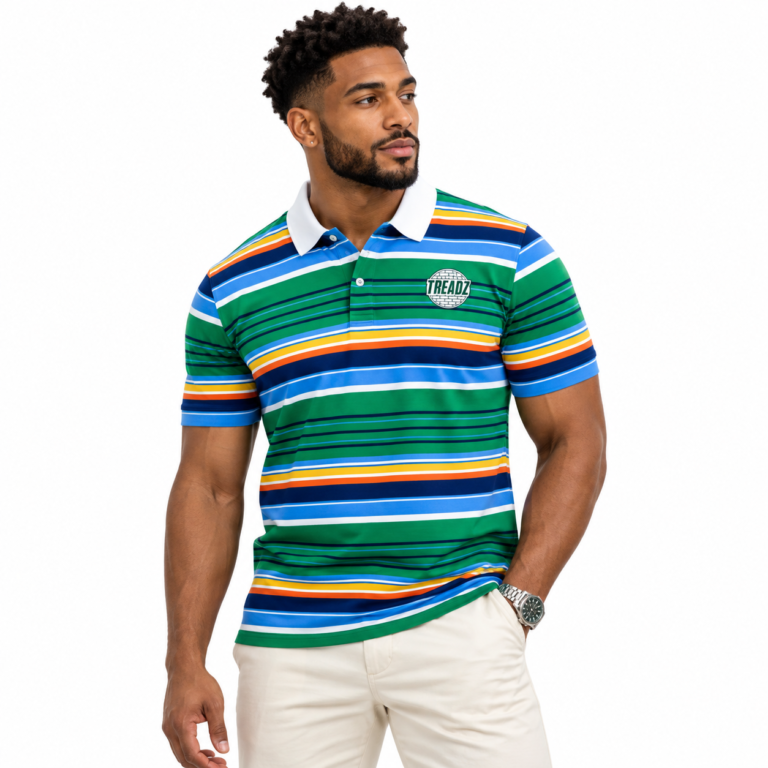 Model wearing TREADZ Crossroads striped polo in green blue orange and white