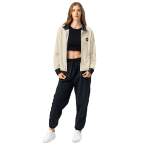 TREADZ Crossfade unisex lightweight cream and black jacket styled with black joggers