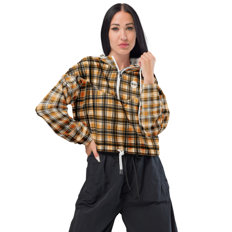 TREADZ Plaid Women’s Cropped Windbreaker in golden mustard, black and white