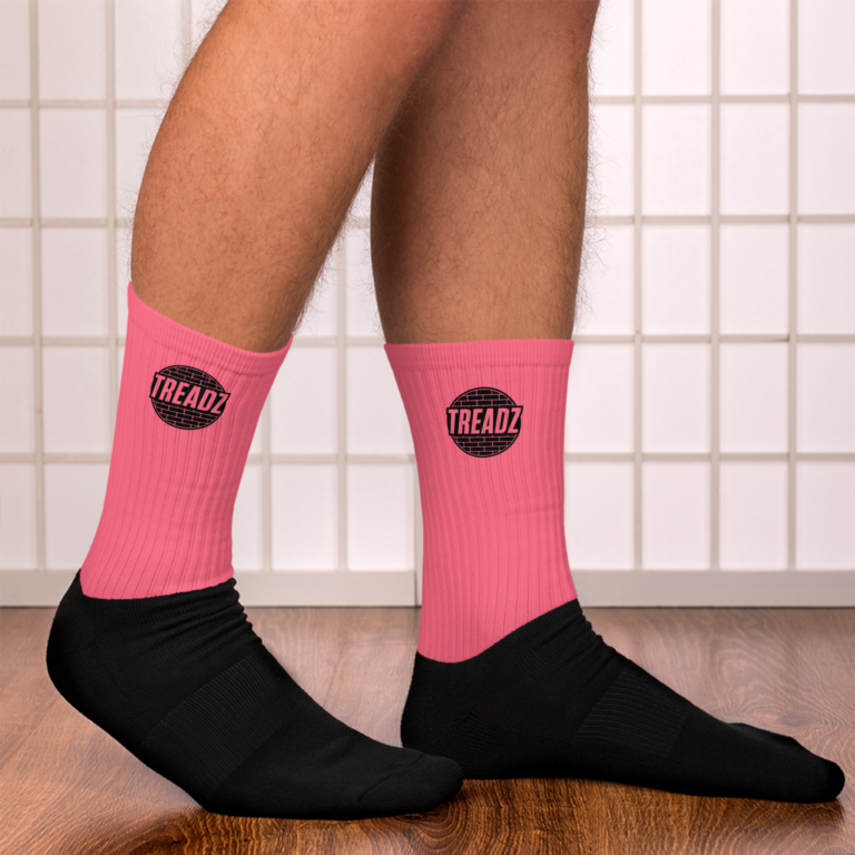 TREADZ Pink Crew Socks with black foot and signature TREADZ logo